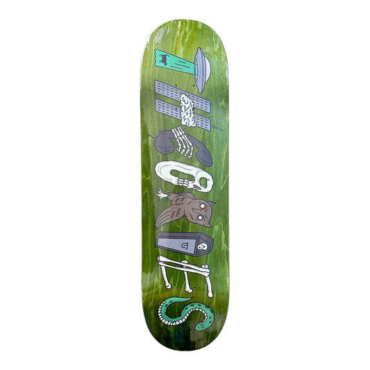 Skateboard deck with picture of symbols spelling the word theories 