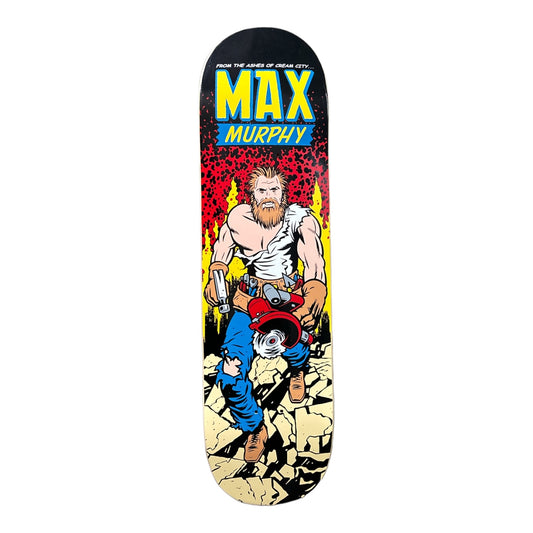 Skateboard deck with picture of cartoon man with tools 