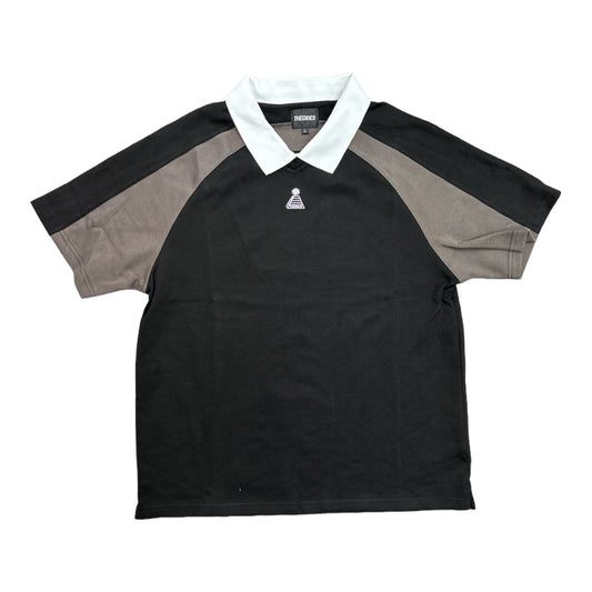 Black and grey polo with theories embroidered logo. White collar. Short sleeve