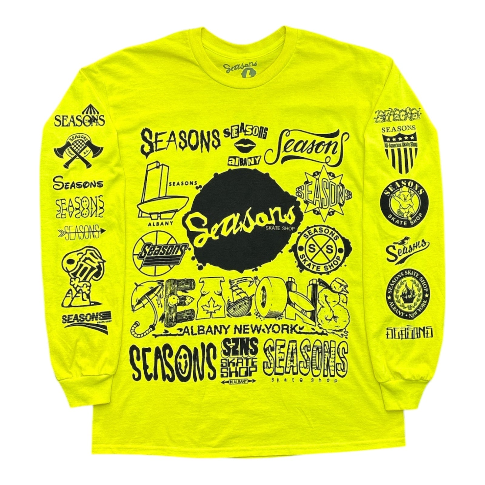 Seasons Logo Vomit L/S Tee- Safety Green