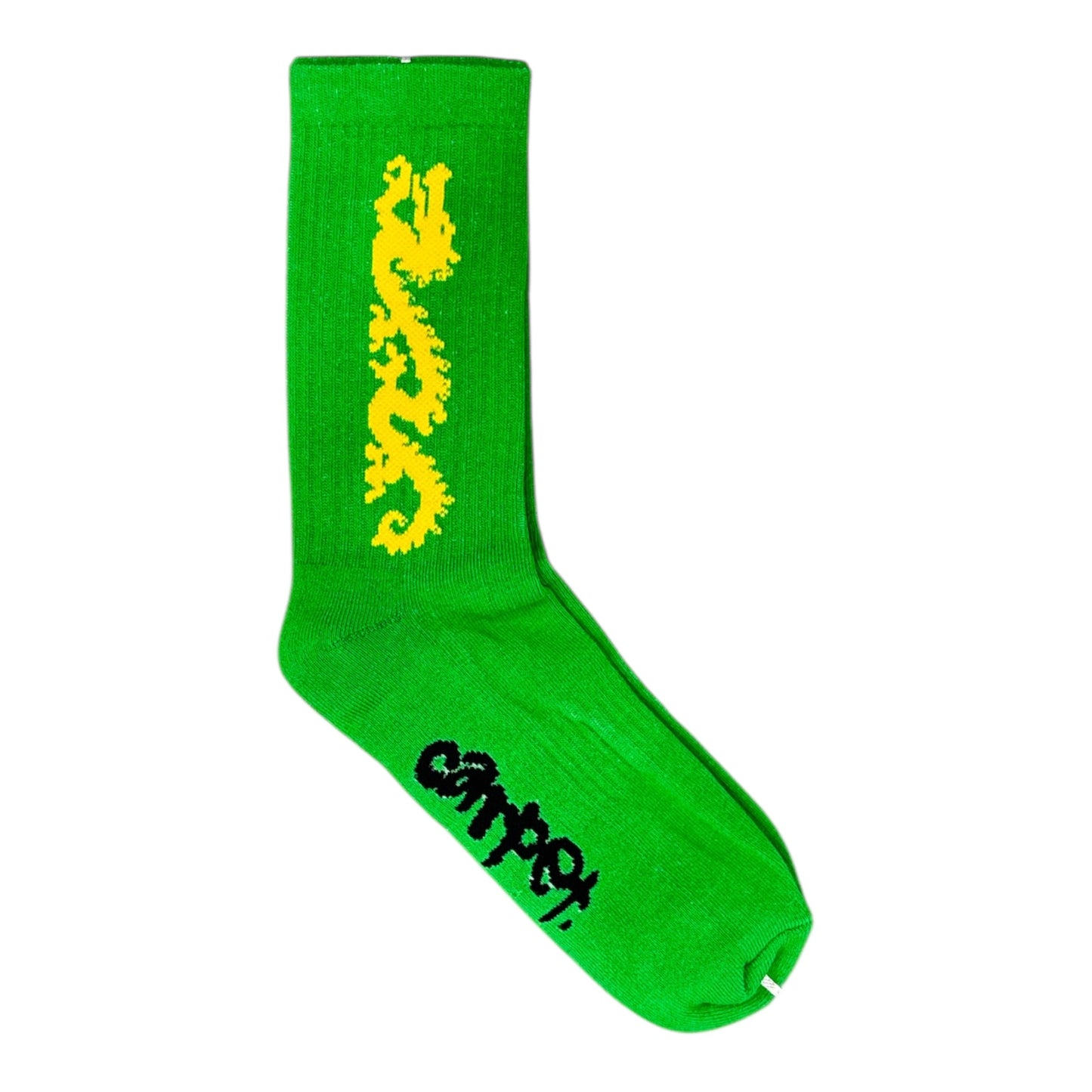 Green sock with yellow dragon design and black text on a white background