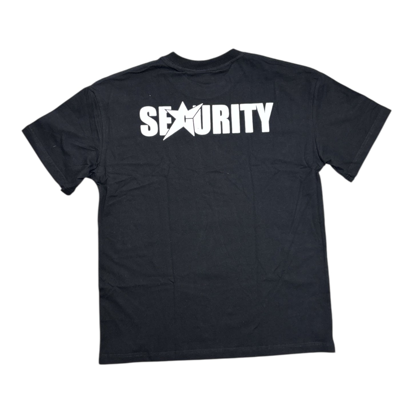 Black t-shirt with 'SEXURITY' printed on the back against a white background