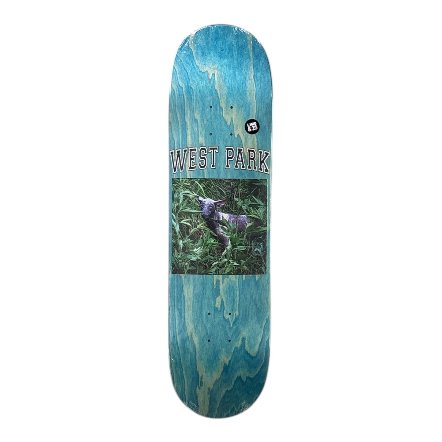 Skateboard deck with 'West Park' branding and nature-themed design on a white background