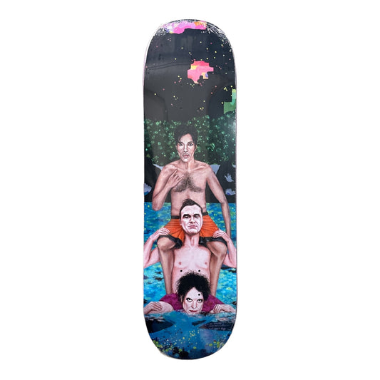 Skateboard deck with picture of 3 people on each others shoulders 