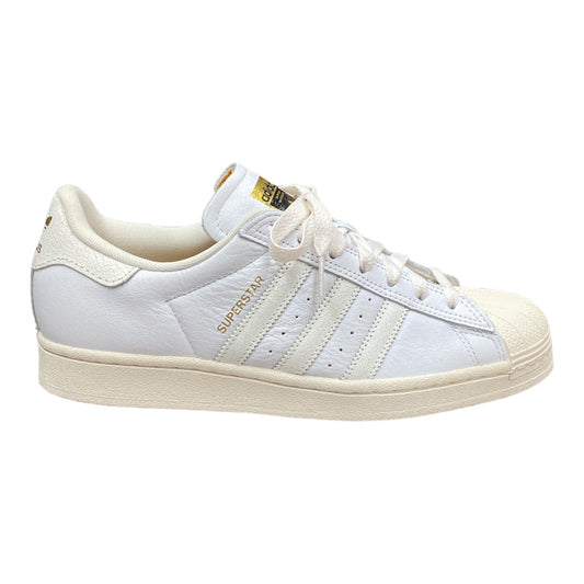 All White Adidas Superstar ADV Shoe in all WHite Leather with Cream Highlights and Stripes. 