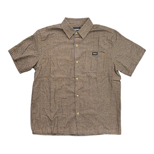 Short sleeve flannel button up with theories label sewn onto pocket. Apricot color 