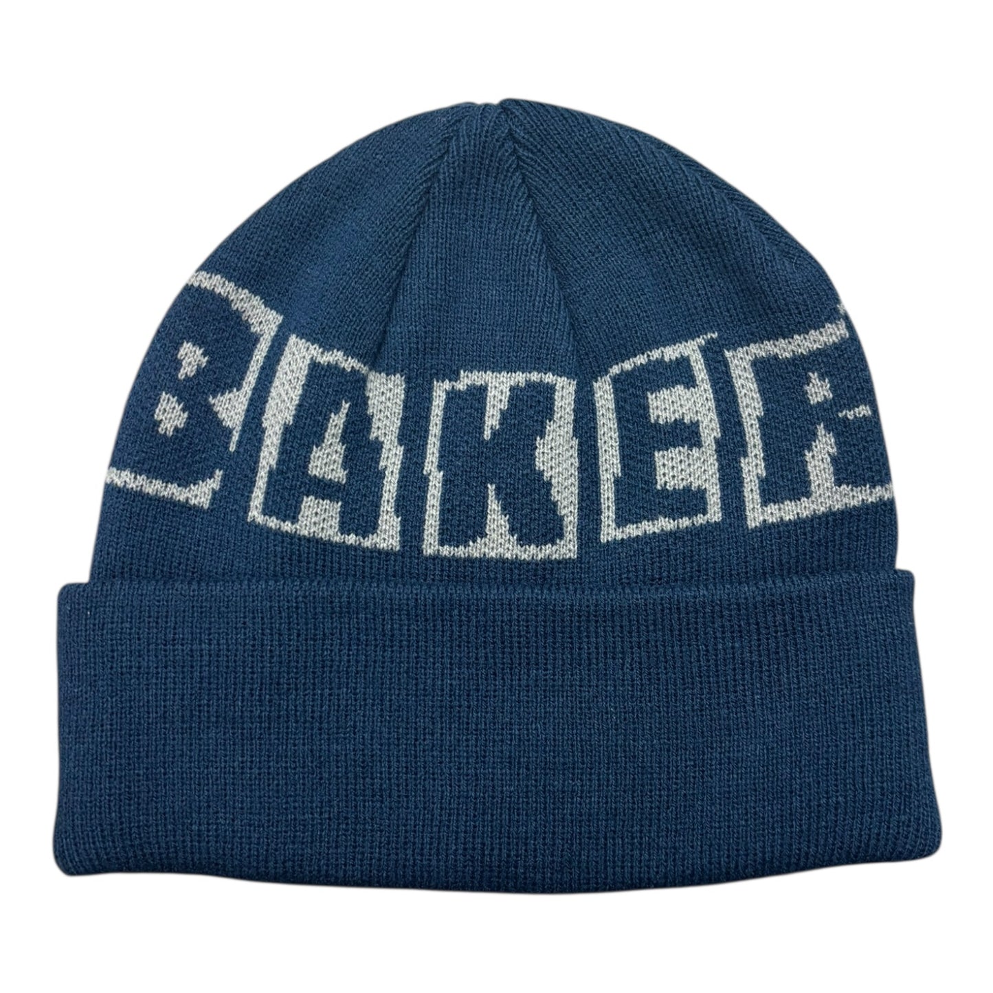 Blue beanie with 'Baker' branding on a white background