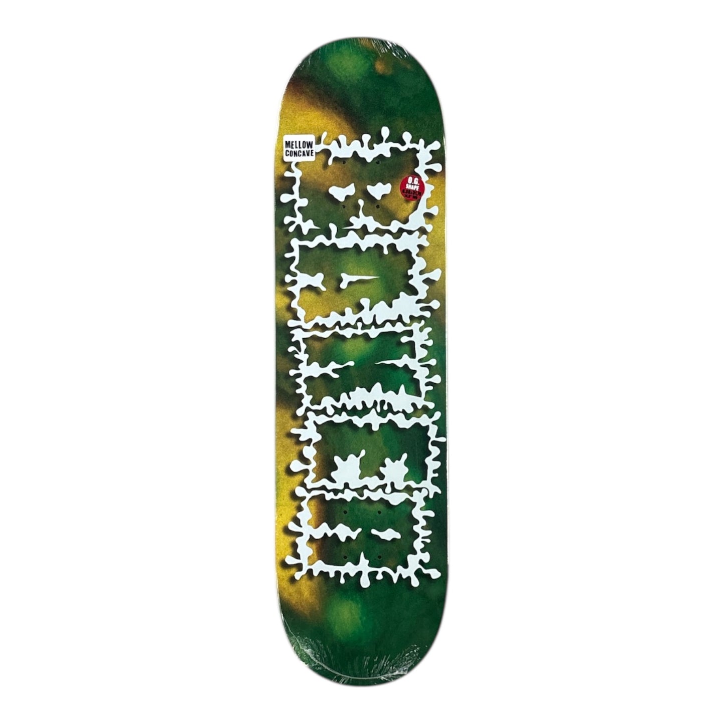 Skateboard deck with green, yellow, and white design on a white background