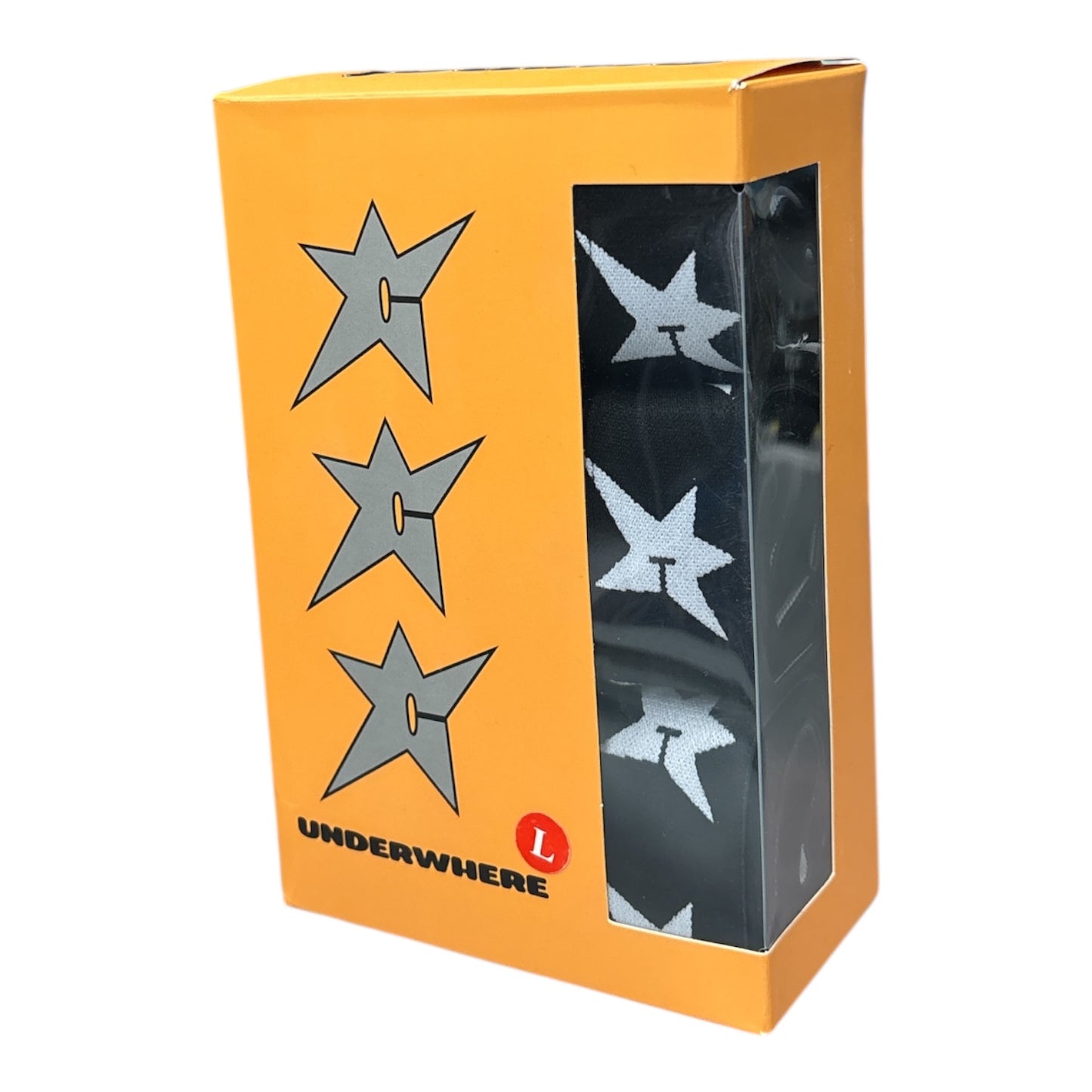 Orange packaging box with star designs and 'Underwhere' branding on a white background