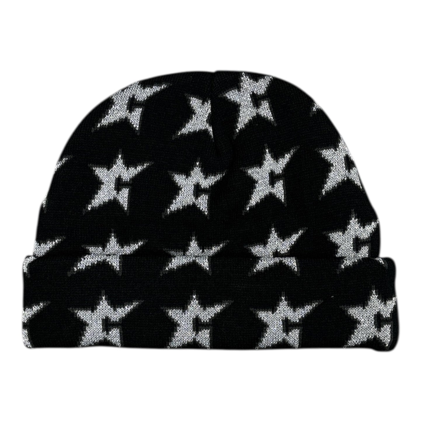 Black beanie with white star pattern on a white background