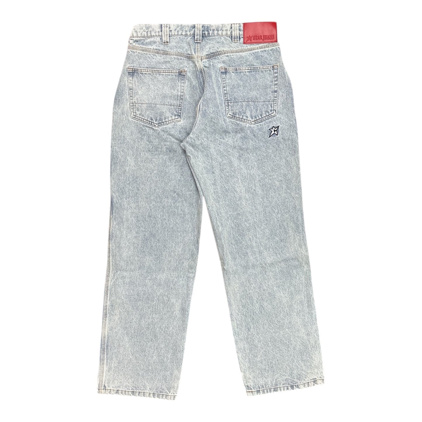 Light blue jeans with a red tag on a white background