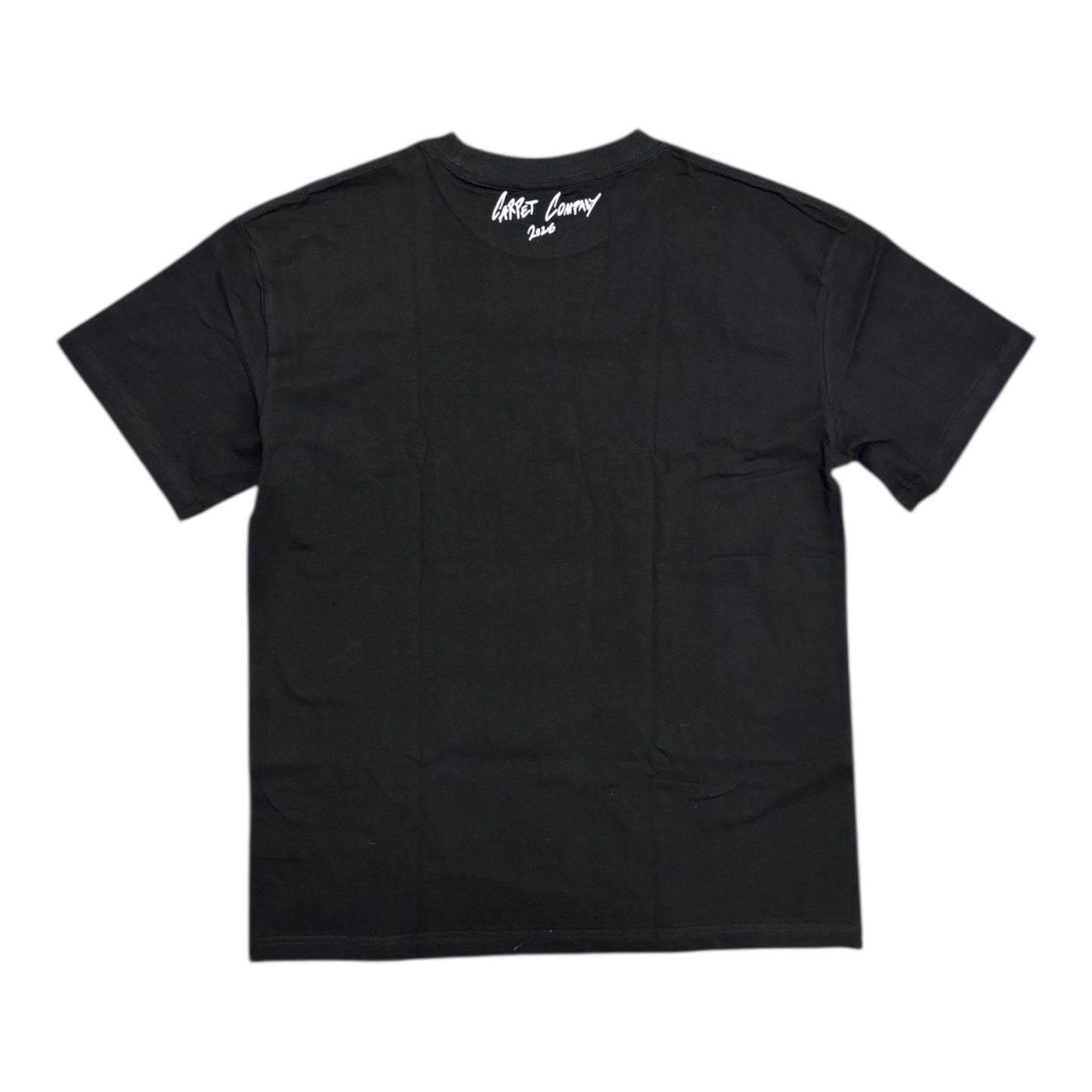 Black t-shirt with white text on a white background