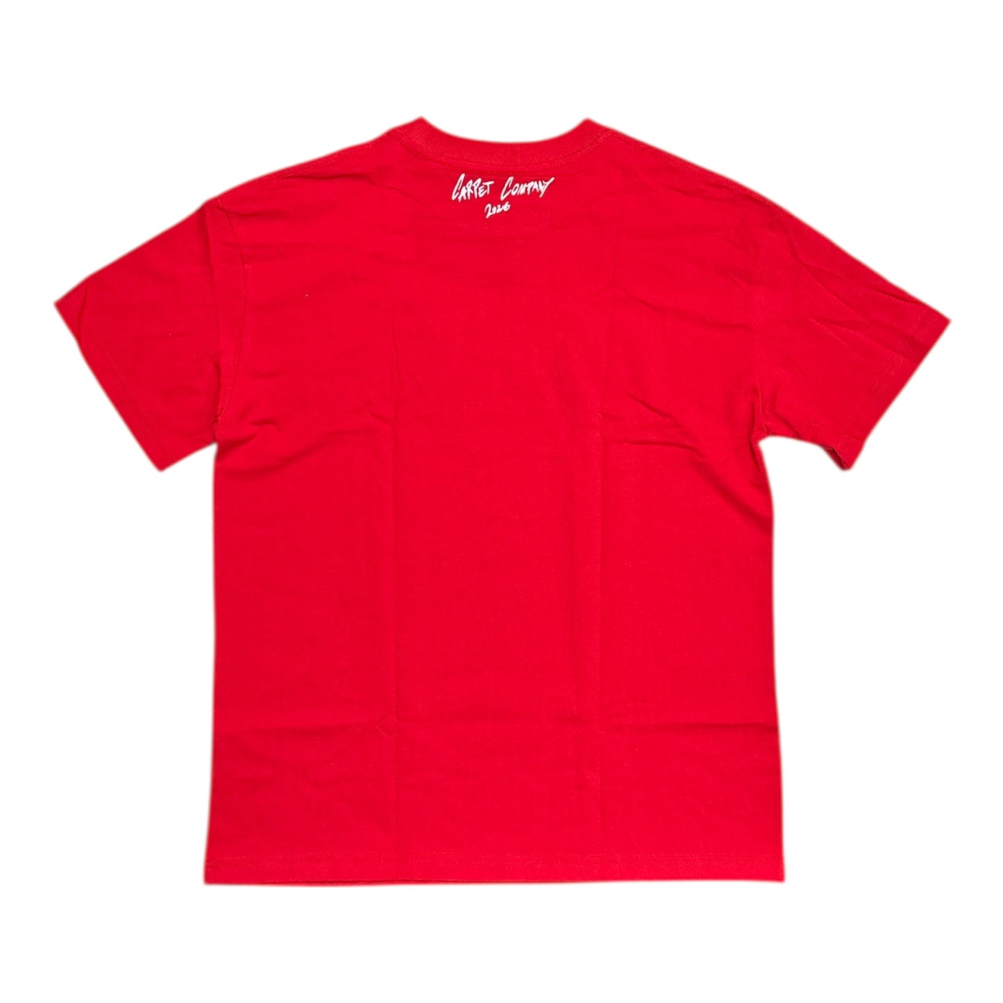 Red t-shirt with white text on the back against a white background