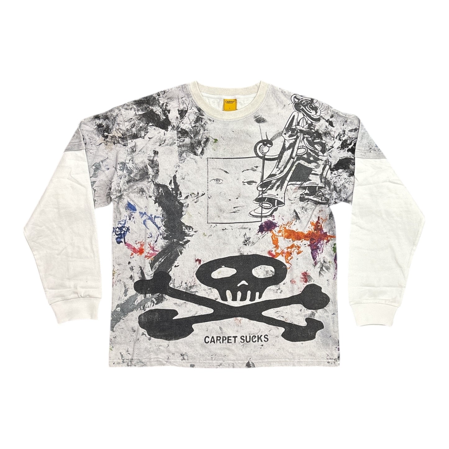 Long-sleeve shirt with graphic design and text on a white background