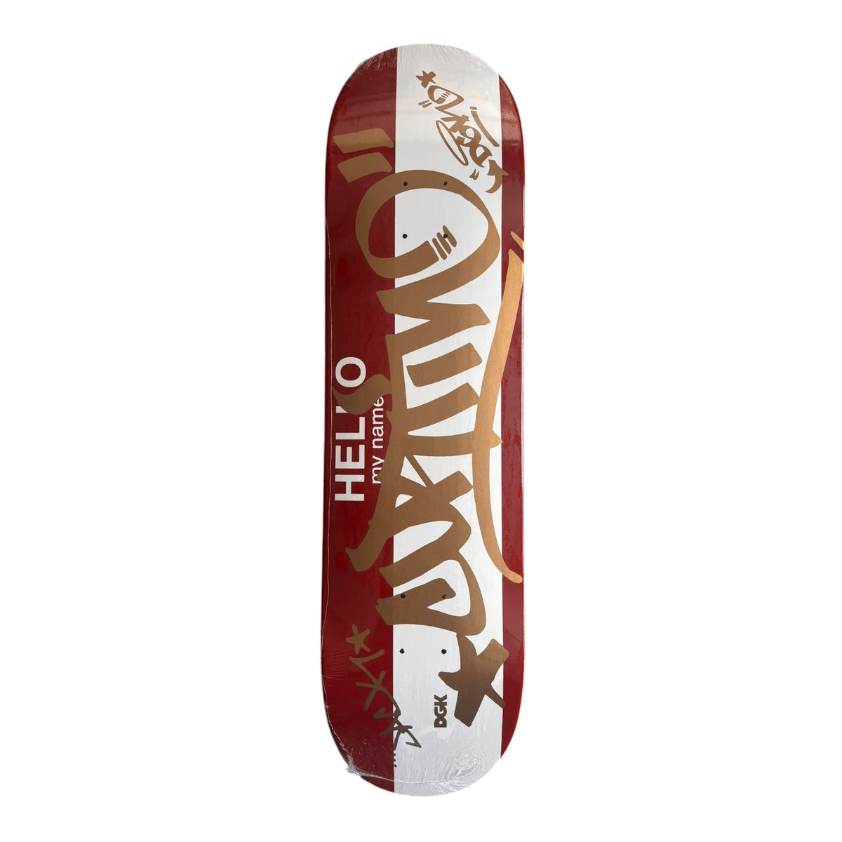 A skateboard deck featuring a bold graphic design with a vertical white stripe down the center, a deep red background on the sides, and large gold graffiti-style lettering. The text 'HELLO MY NAME IS' is printed vertically on the left side, and the brand 'DOCK' is visible near the bottom.