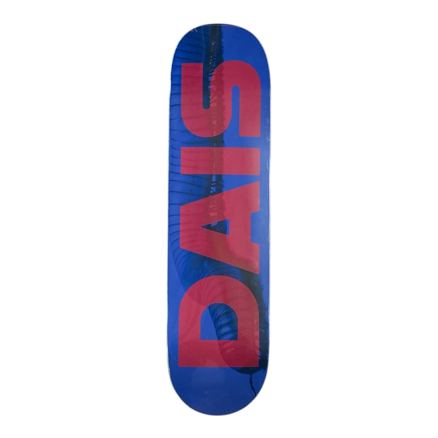 Blue skateboard deck with red and black text on a white background