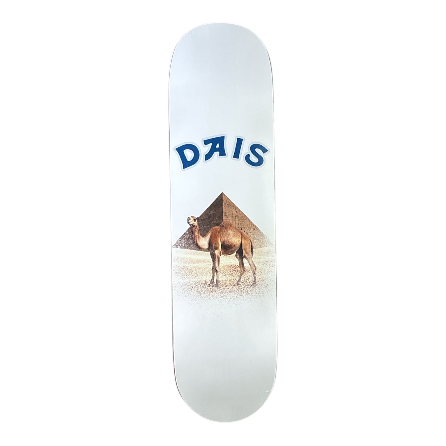 Skateboard deck with a camel and pyramid design and 'DAIS' branding on a white background
