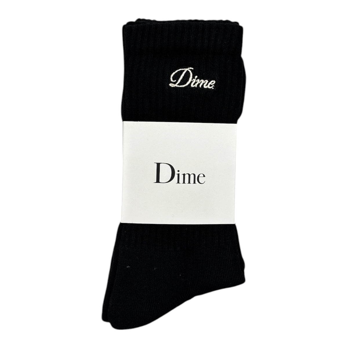 A pair of black crew socks with a white paper band around the middle. The top sock features the word 'Dime' in white cursive script, and the paper band displays 'Dime' in black serif text.