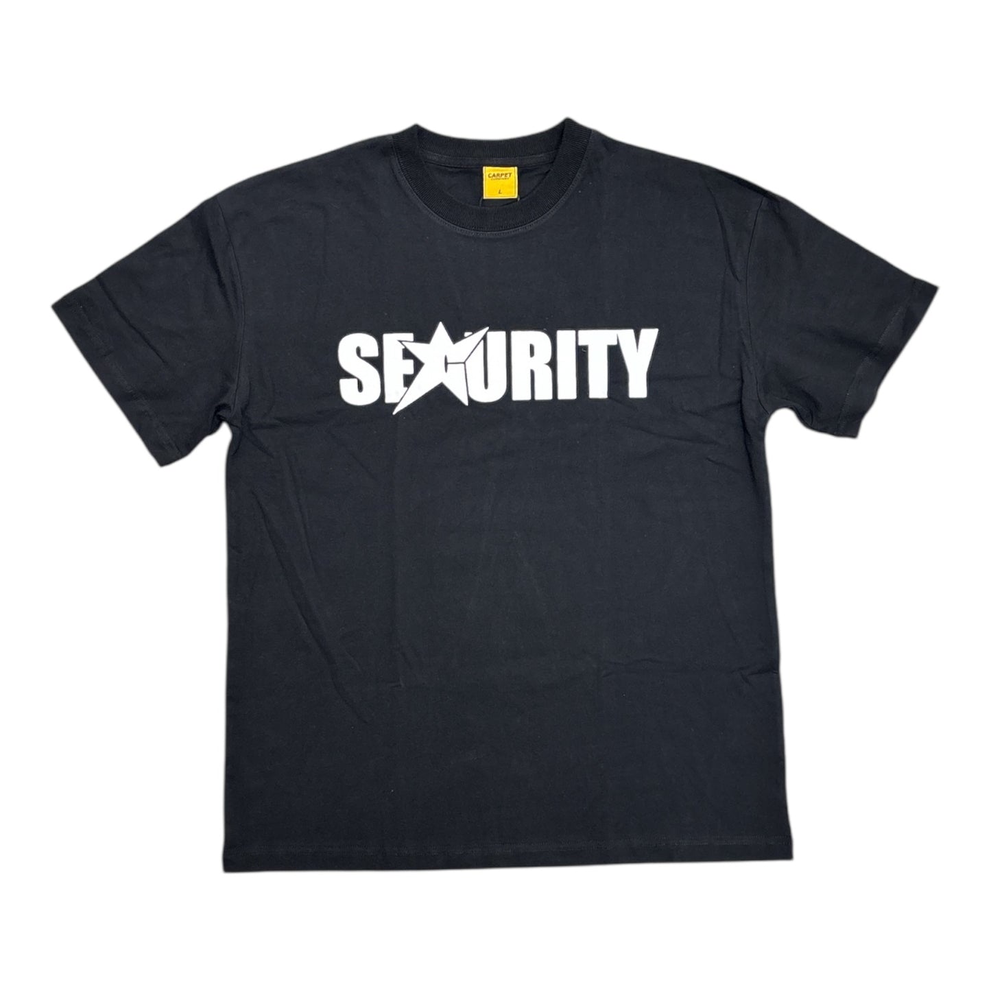 Black t-shirt with 'SECURITY' printed on it against a white background