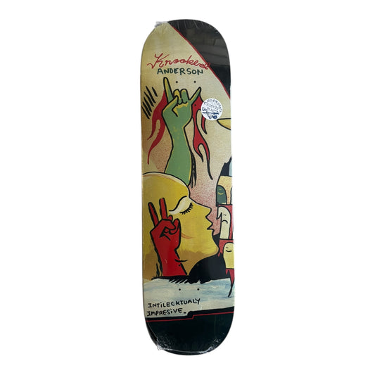 Skateboard deck with artistic design and text on a white background