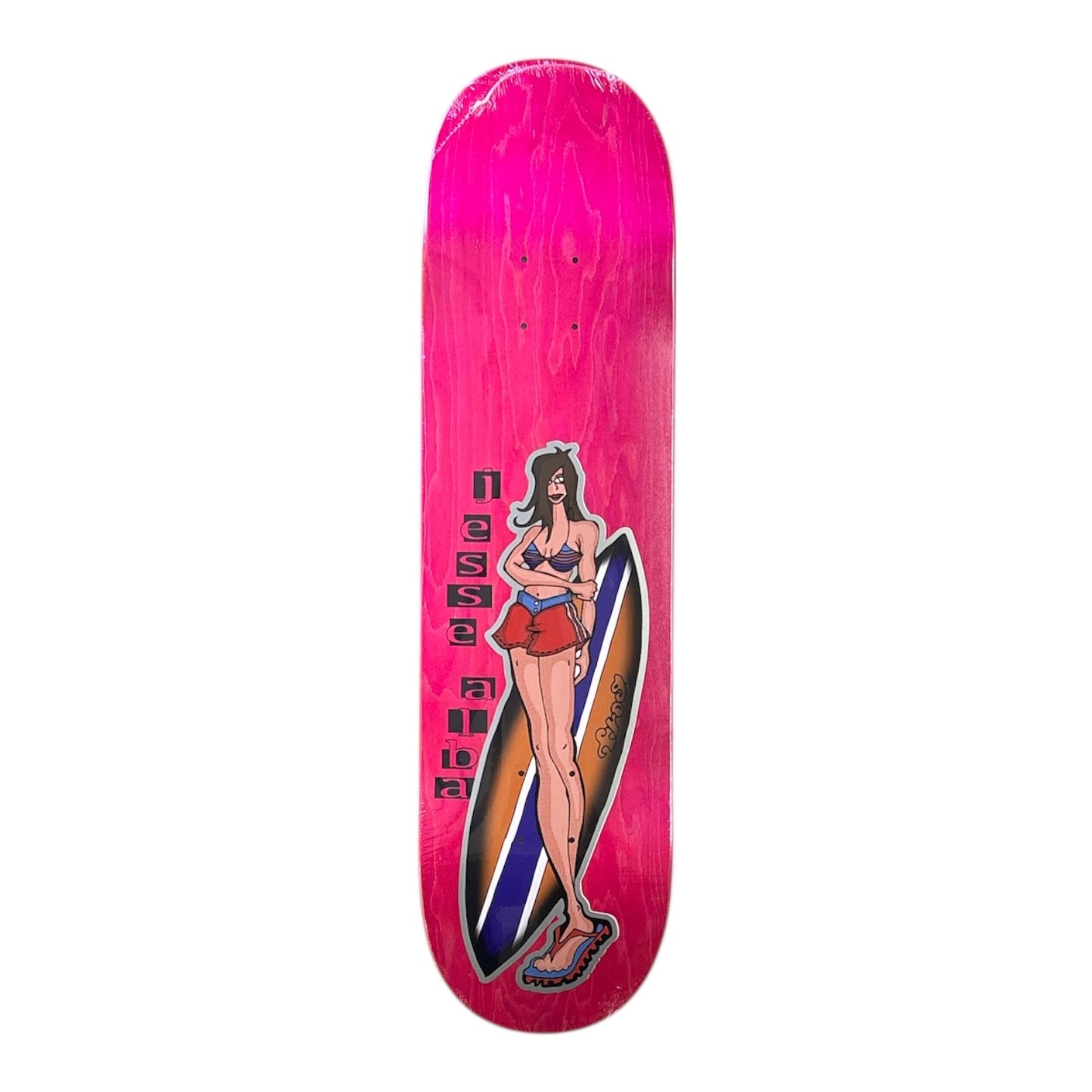 Skateboard deck with a pink gradient and graphic design of a woman holding a surfboard on a white background.
