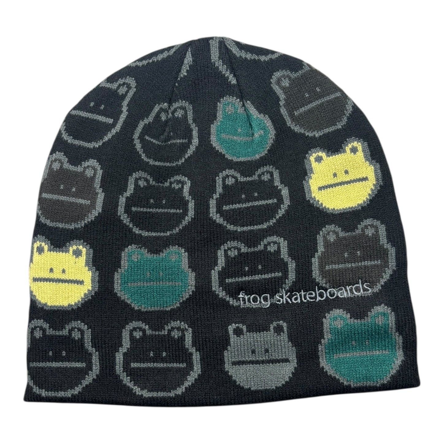 Black beanie with frog pattern on a white background