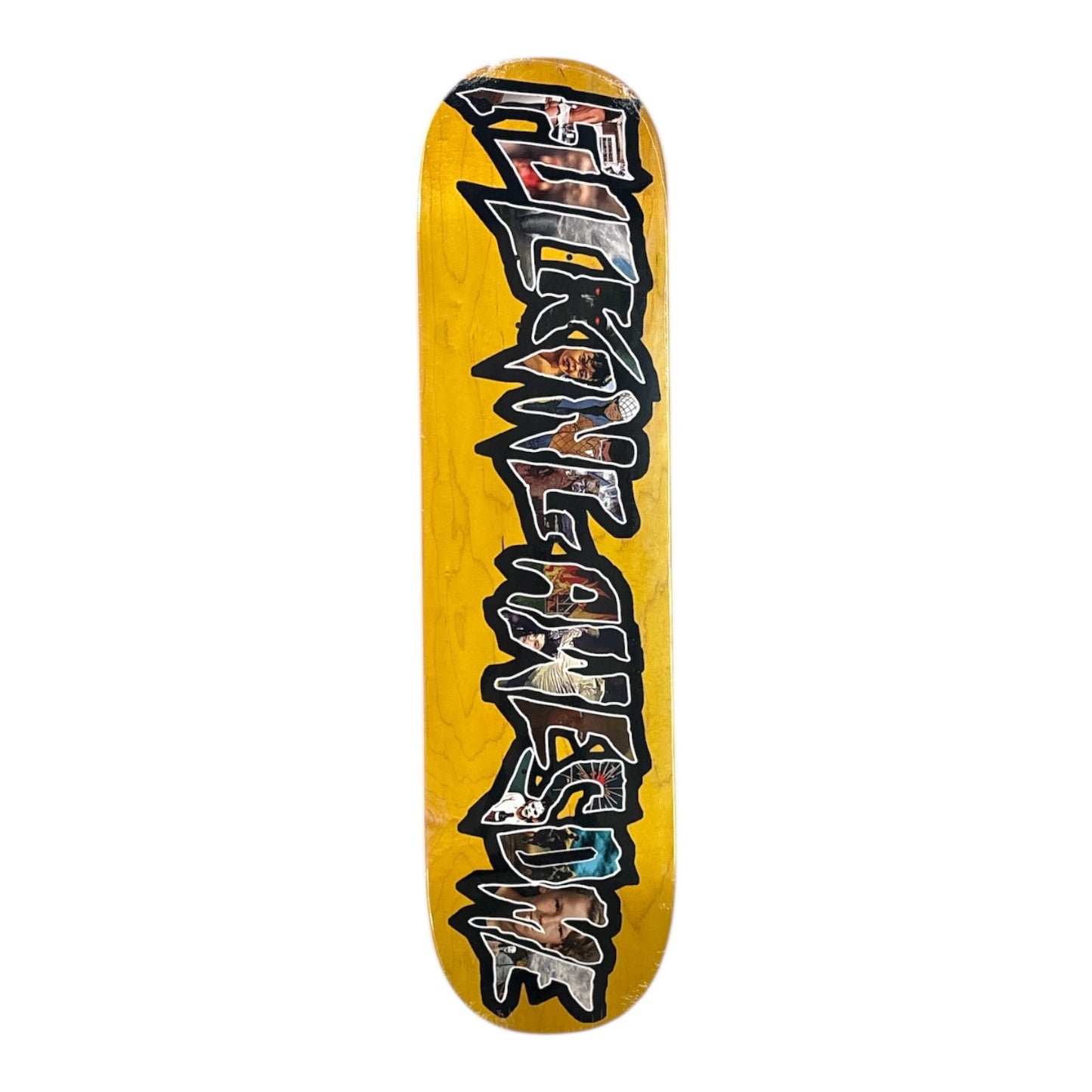 Skateboard deck with 'Falkenwurken' branding on a yellow background