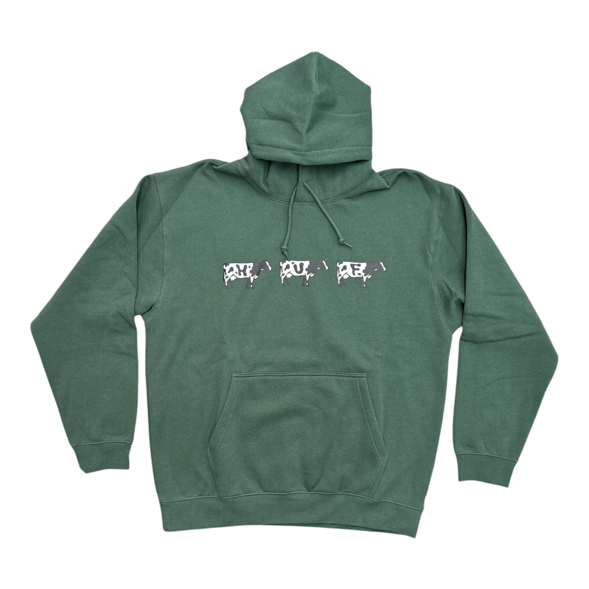 A green pullover hoodie with a drawstring hood and kangaroo pocket, featuring a graphic across the chest with three stylized cow silhouettes spelling out 'HUF'.