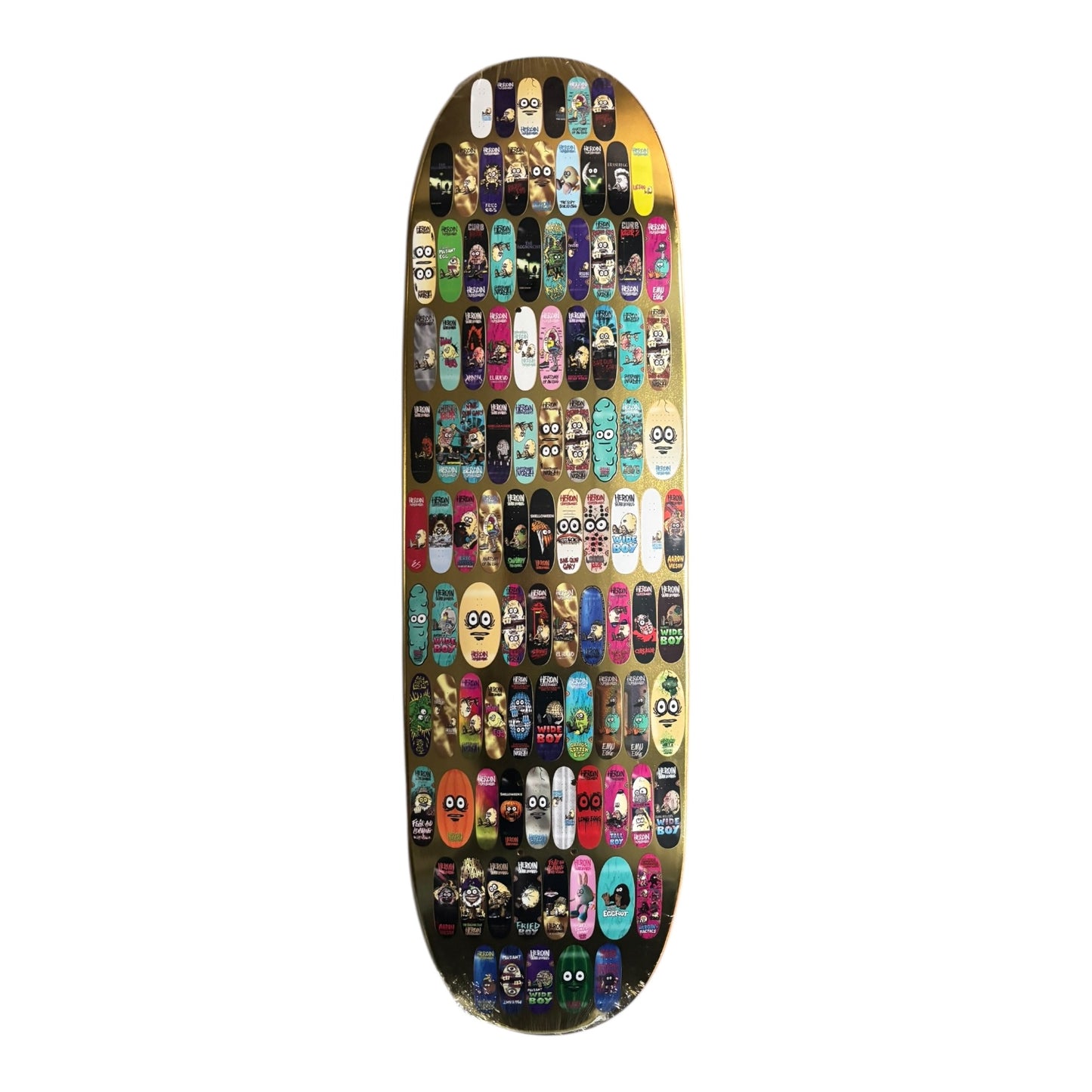 Skateboard deck with various small skateboard decks stacked vertically on a white background