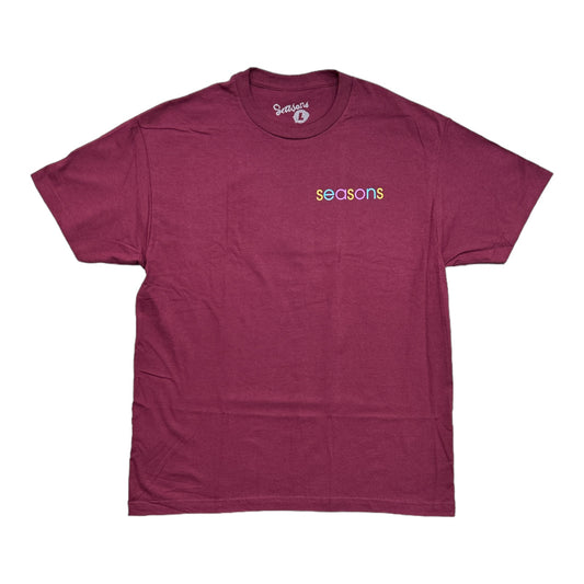 Maroon Tee with Seasons in Multi Color Print on Left Chest