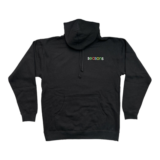 Black Hooded Sweathshirt with Seasons in Multi Colors left chest.
