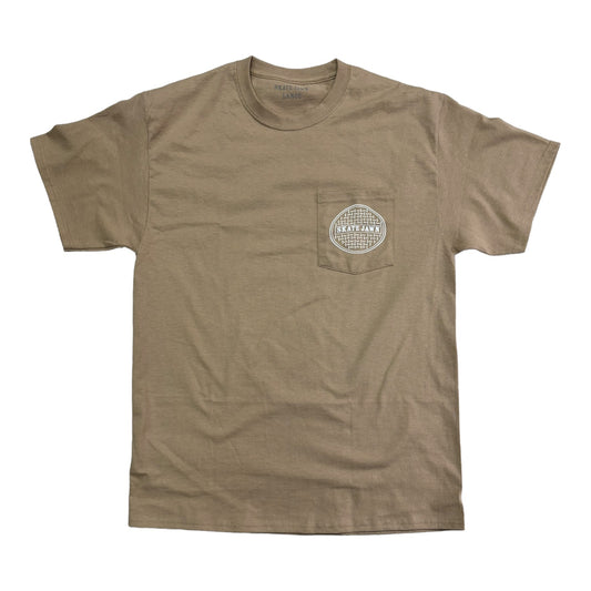 Sand Colored Pocket tee with Sewer Cap on pocket.