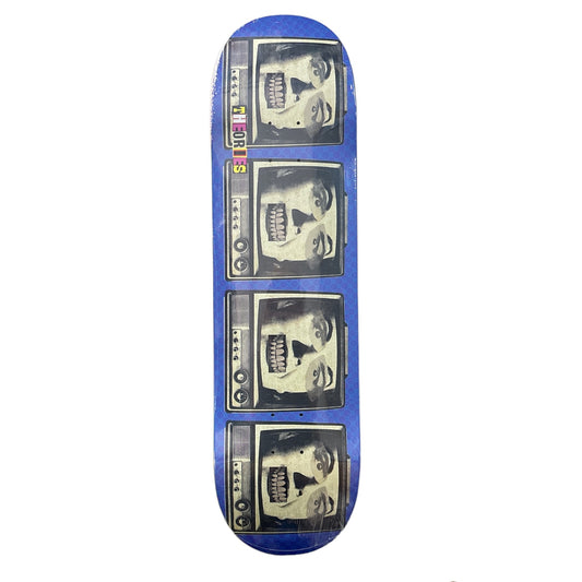 Skateboard deck with picture of a face on 4 tvs 