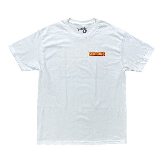 White Tee with Seasons In Orange On left Chest