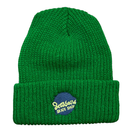 Loose KNit Kelly Green Beanie with Embroiderred Blotch Logo in Navy.