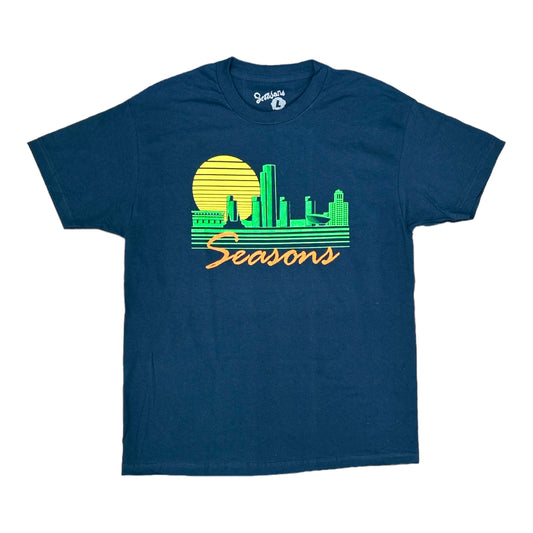 Seasons, Albany Skyline in Green, Yellow and Orange on a Navy Tee