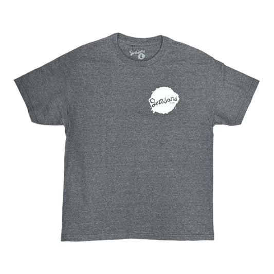 Grey Tee with White Left Chest Screen printed Seasons Blotch Logo