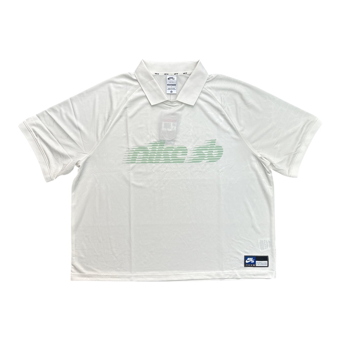 White polo shirt with green logo on a white background