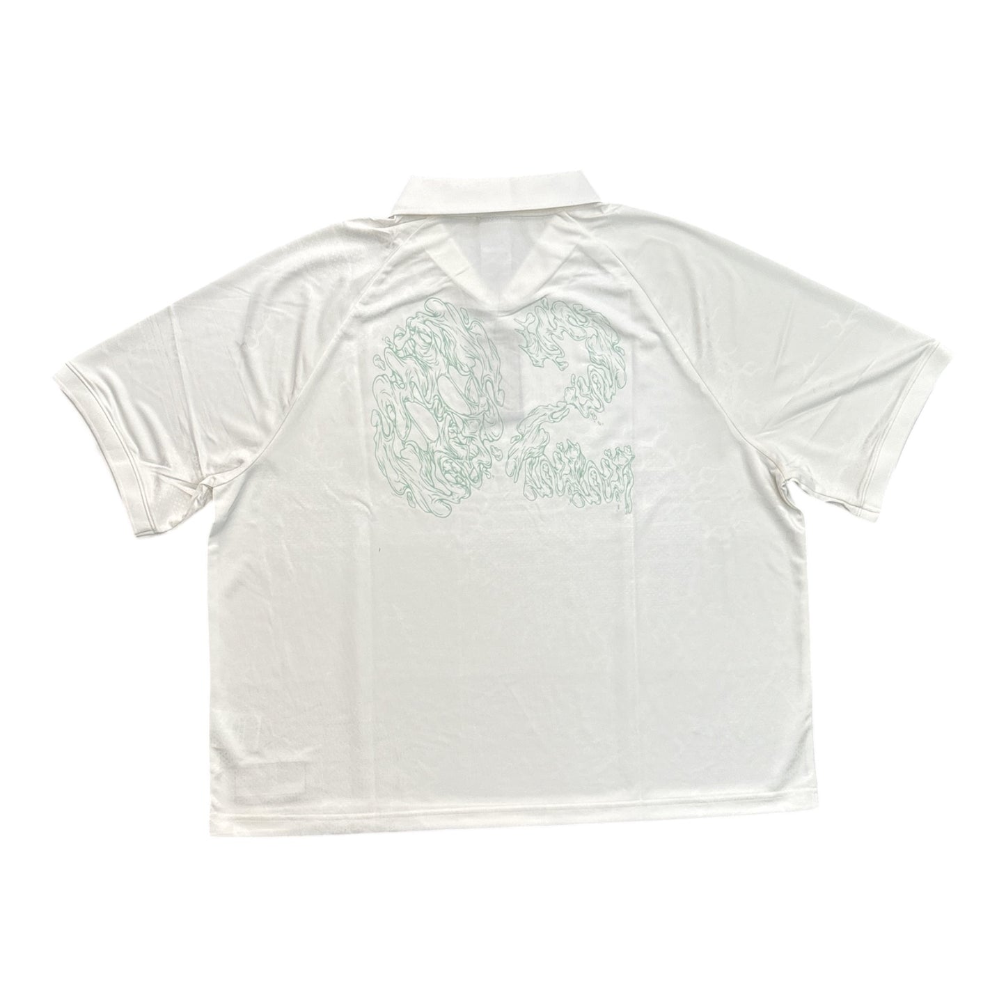 White t-shirt with a green graphic design on a white background