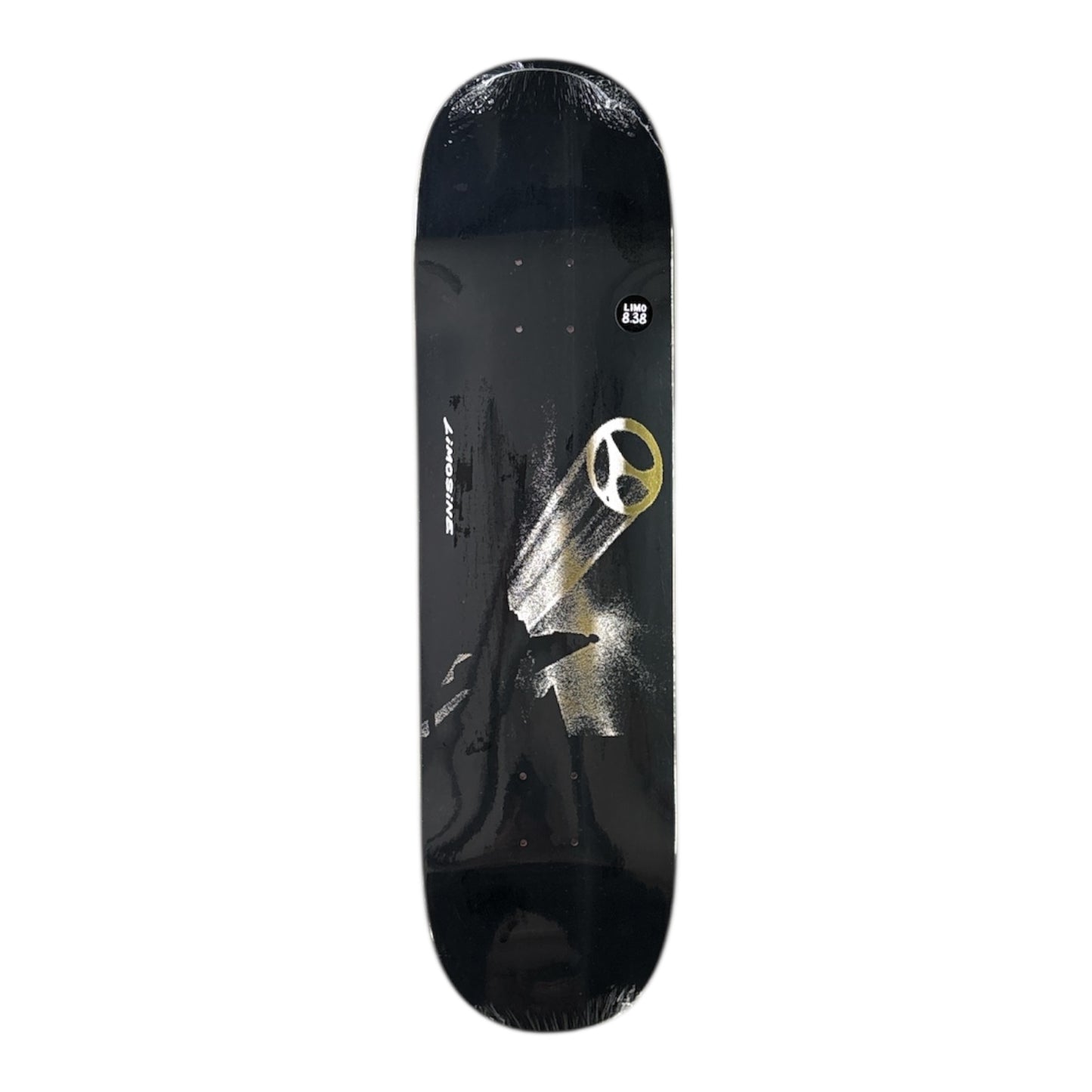 Black skateboard deck with gold design on a white background