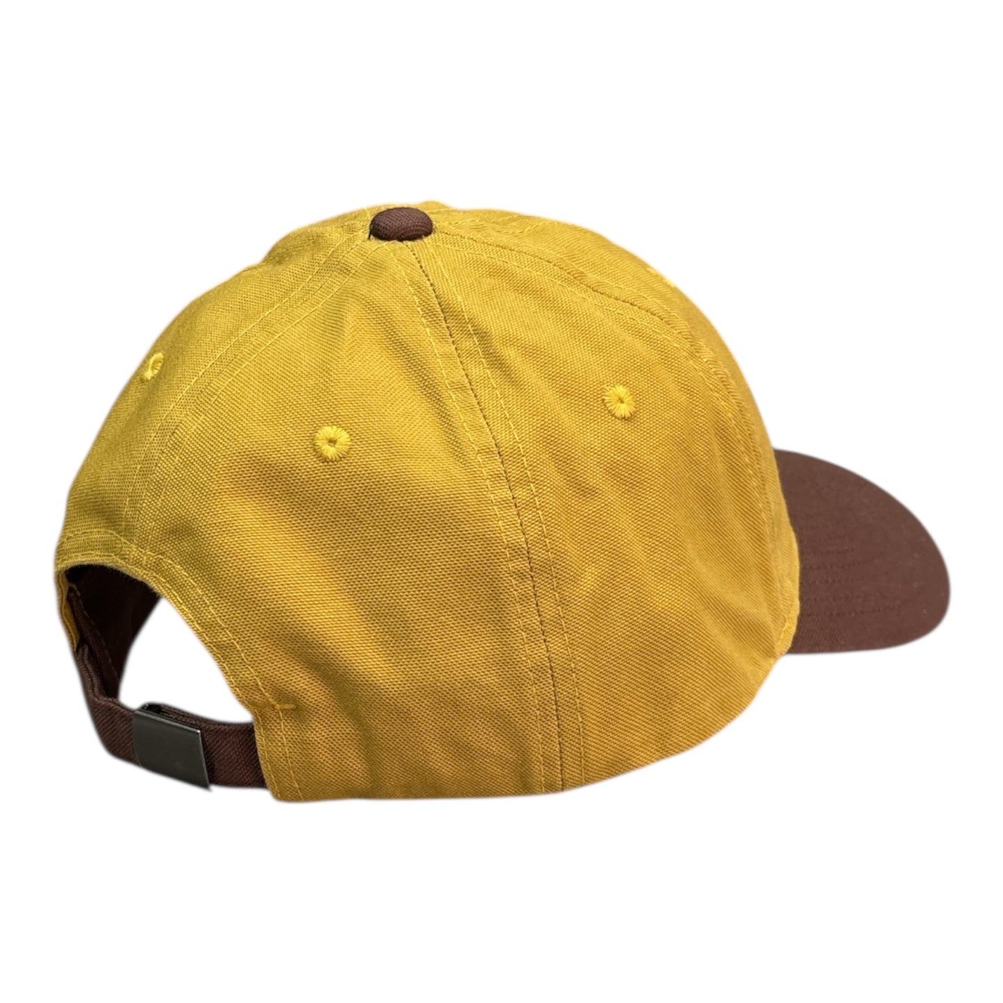 Yellow baseball cap with brown brim on a white background