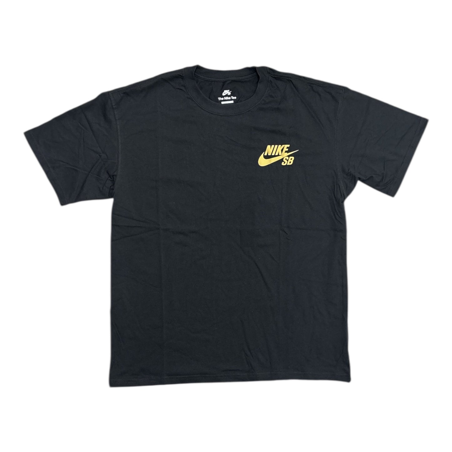 Black t-shirt with yellow Nike SB logo on a white background