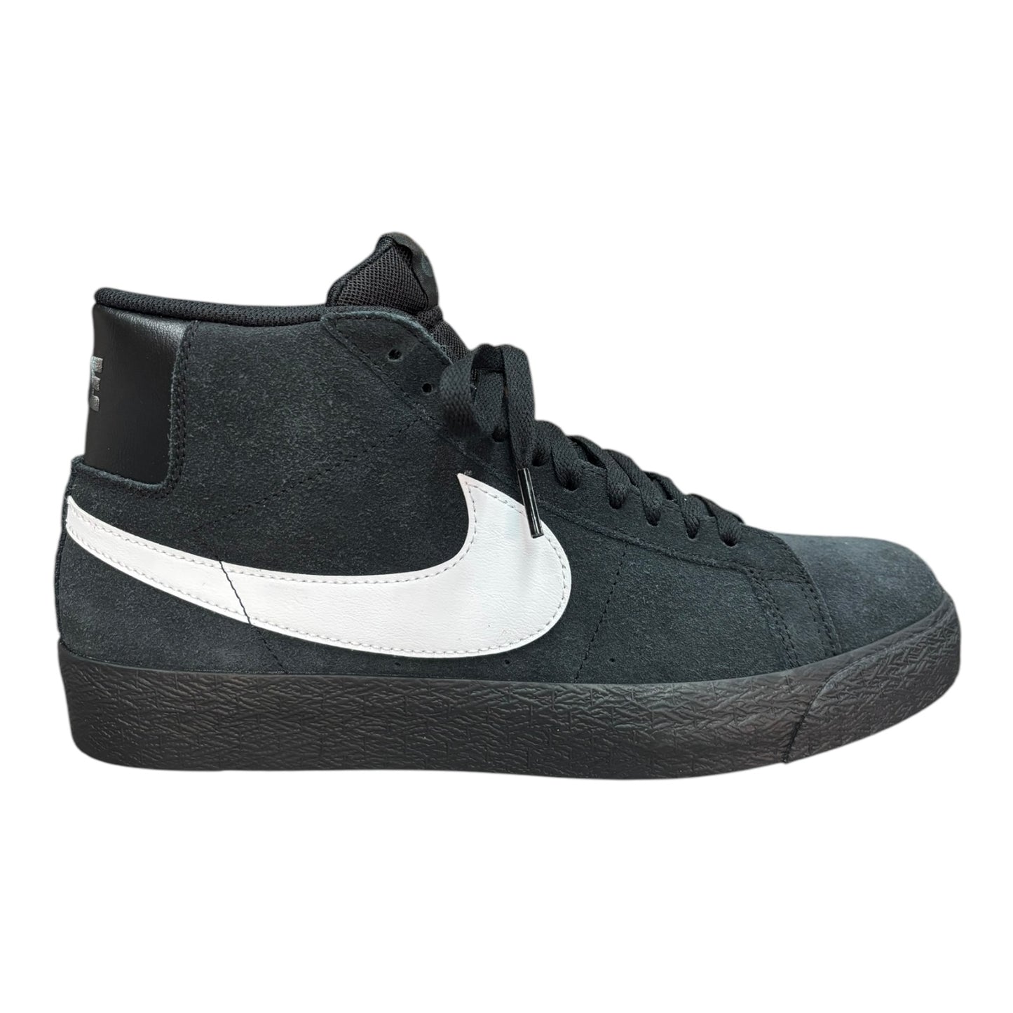 Nike SB Zoom Blazer Mid sneaker in black and white featuring a mid-top design, lace-up closure, and a rubber sole.