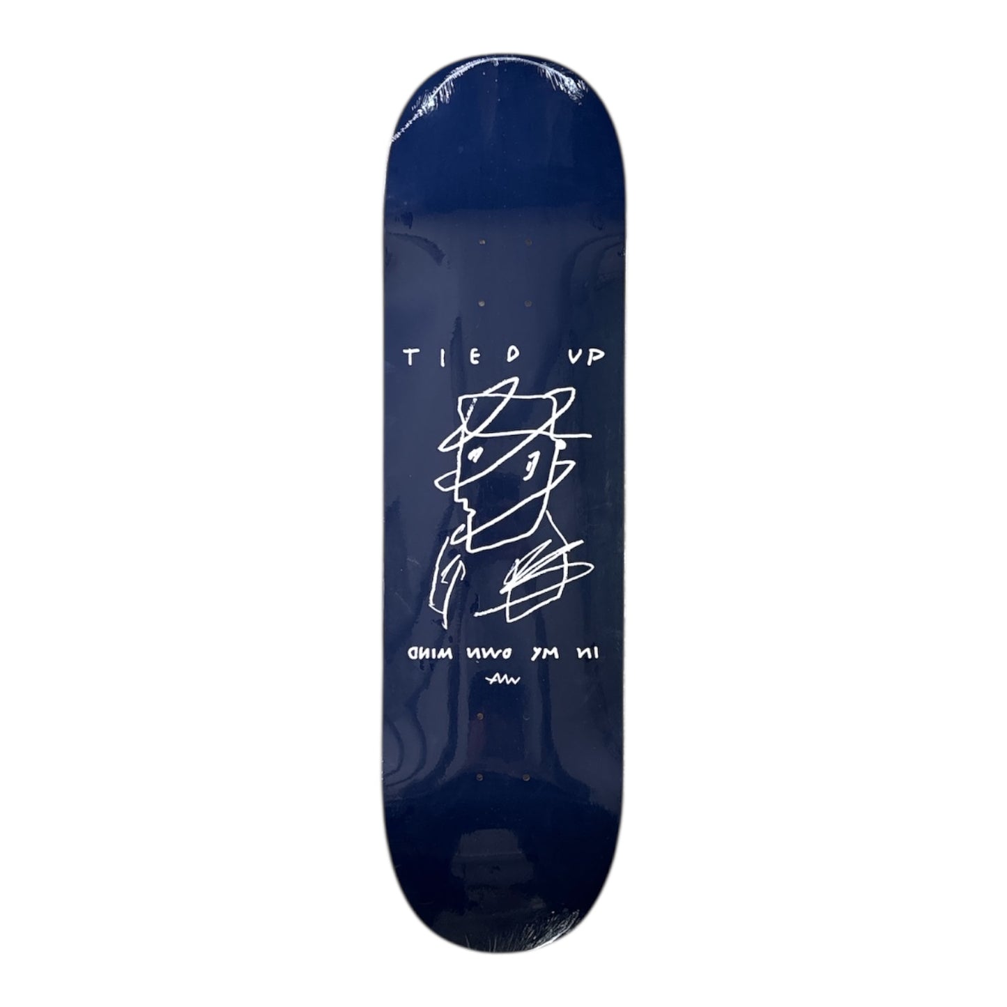 Navy blue skateboard deck with white graphics and text on a white background