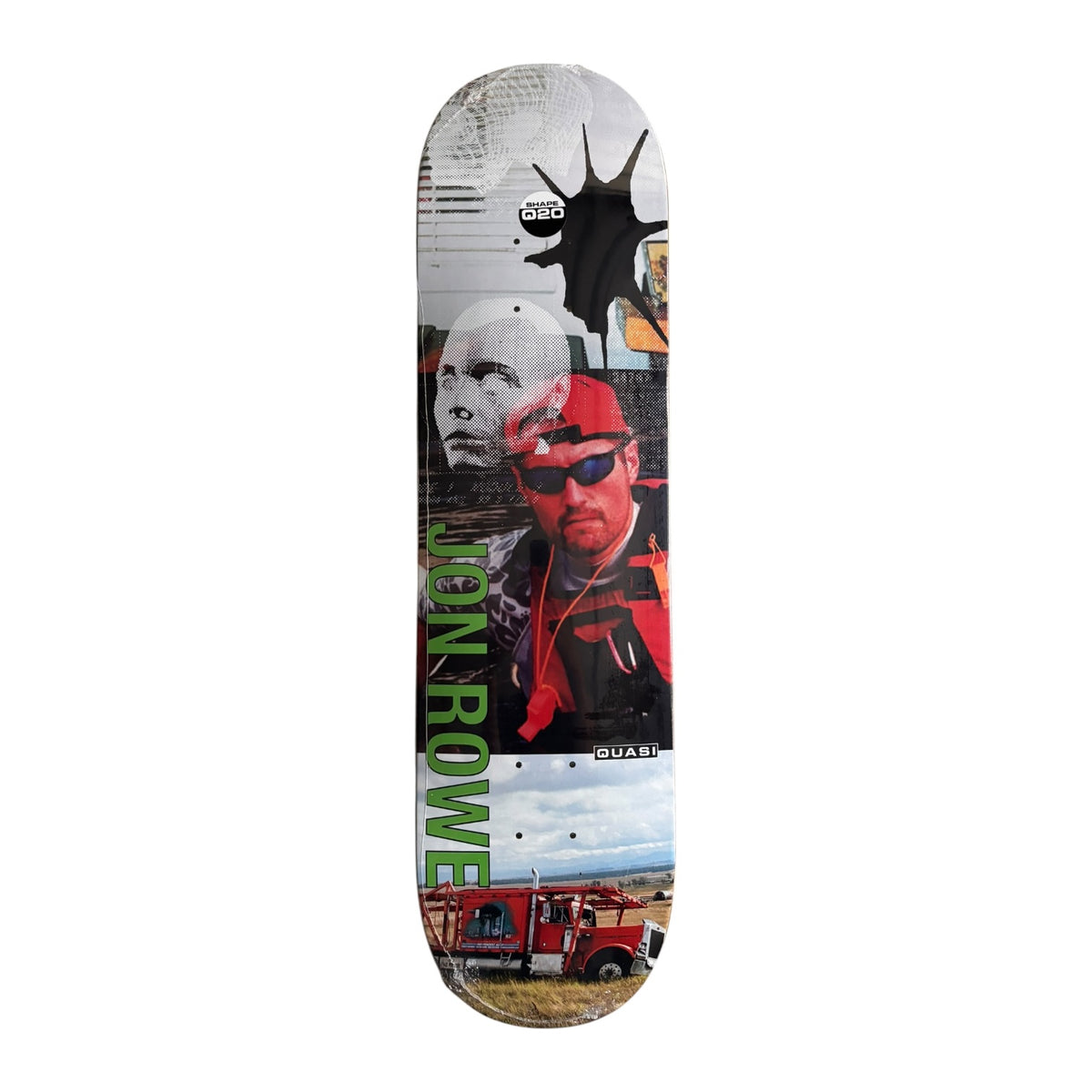 A skateboard deck featuring a collage-style graphic design with portraits of Jon Rowe, a red fire truck, and green vertical text reading 'JON ROWE' on a white background.