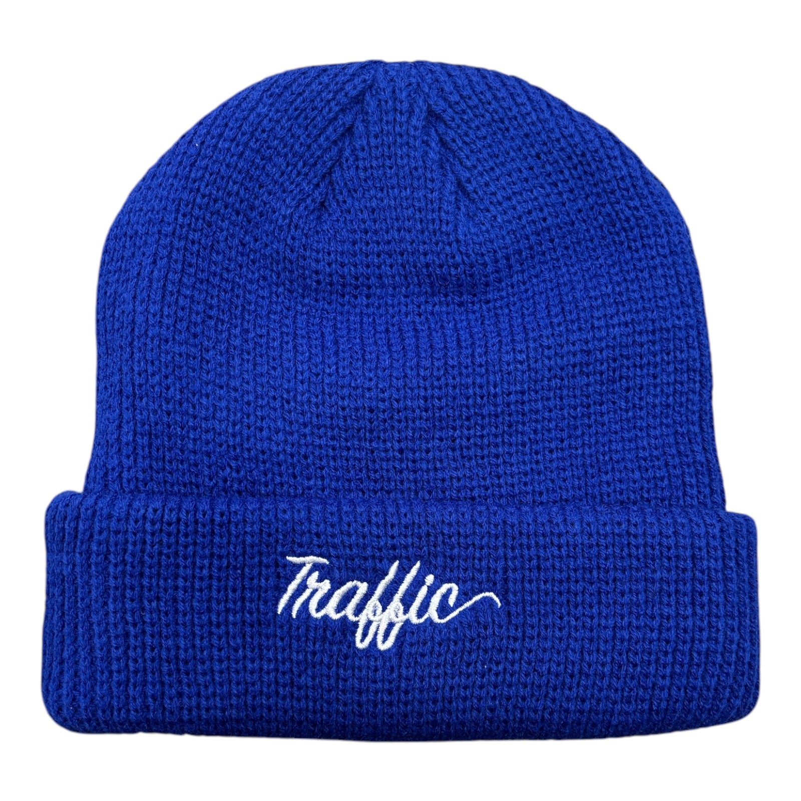 Traffic Script Embroidered Beanie- Royal FRONT