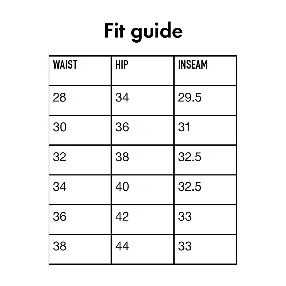 Fit guide chart with waist, hip, and inseam measurements.