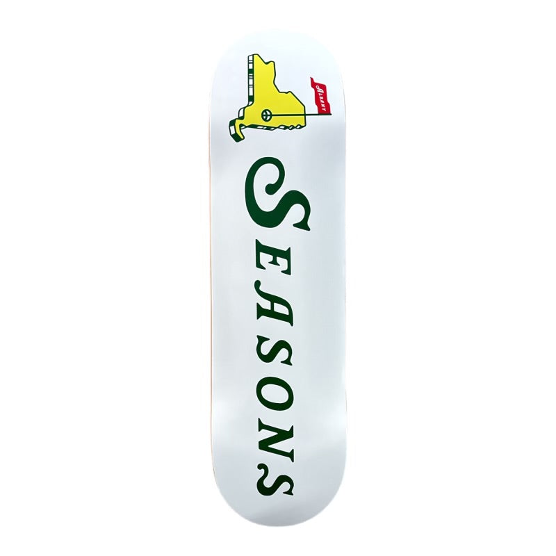 A White Skateboard With Seasons in Green and NYS with a flag coming out of Albany. 