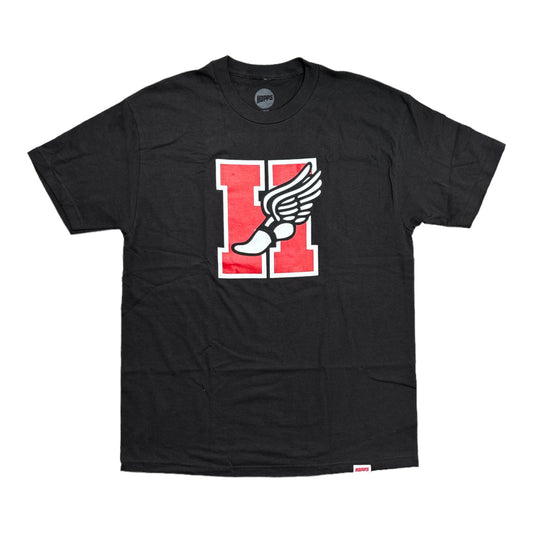 Black tee with picture of H and a foot with a wing