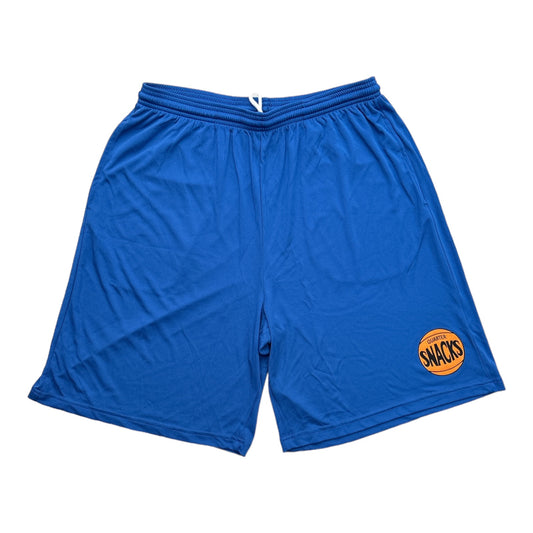 Polyester, athletic shorts, royal blue with printed logo of basketball lower left leg with words, Quartersnacks